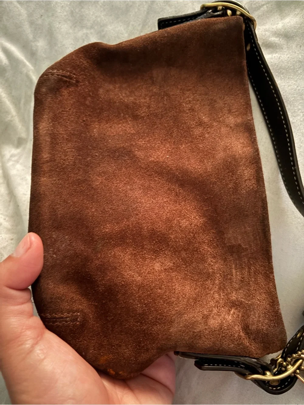 Coach Brown Suede Crossbody with Leather Strap and Gold Tag